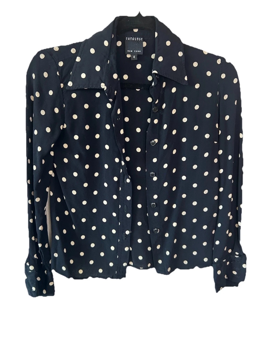 Vintage Catalyst Ny Polka Dot Rayon Blouse Black White 80s Button Up 4